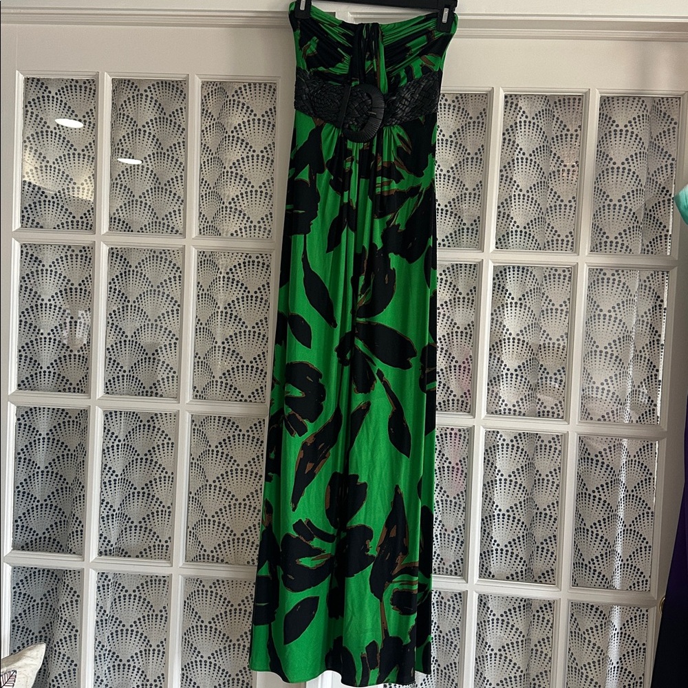 The Famous "SKY" Brand Strapless Dress - Green and black with flattering belt